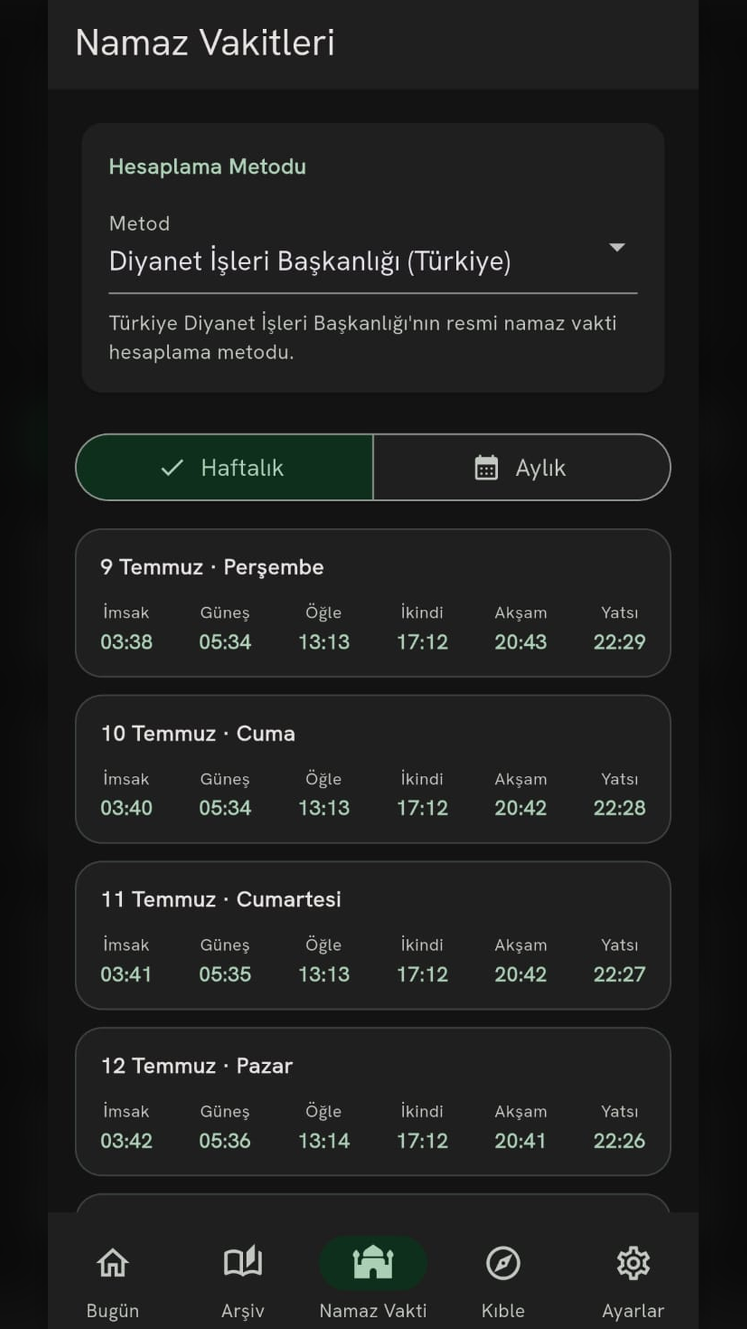 Namaz Vakitleri ekranı