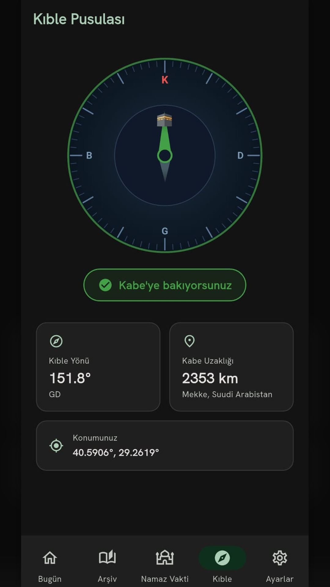 Kıble Pusulası ekranı
